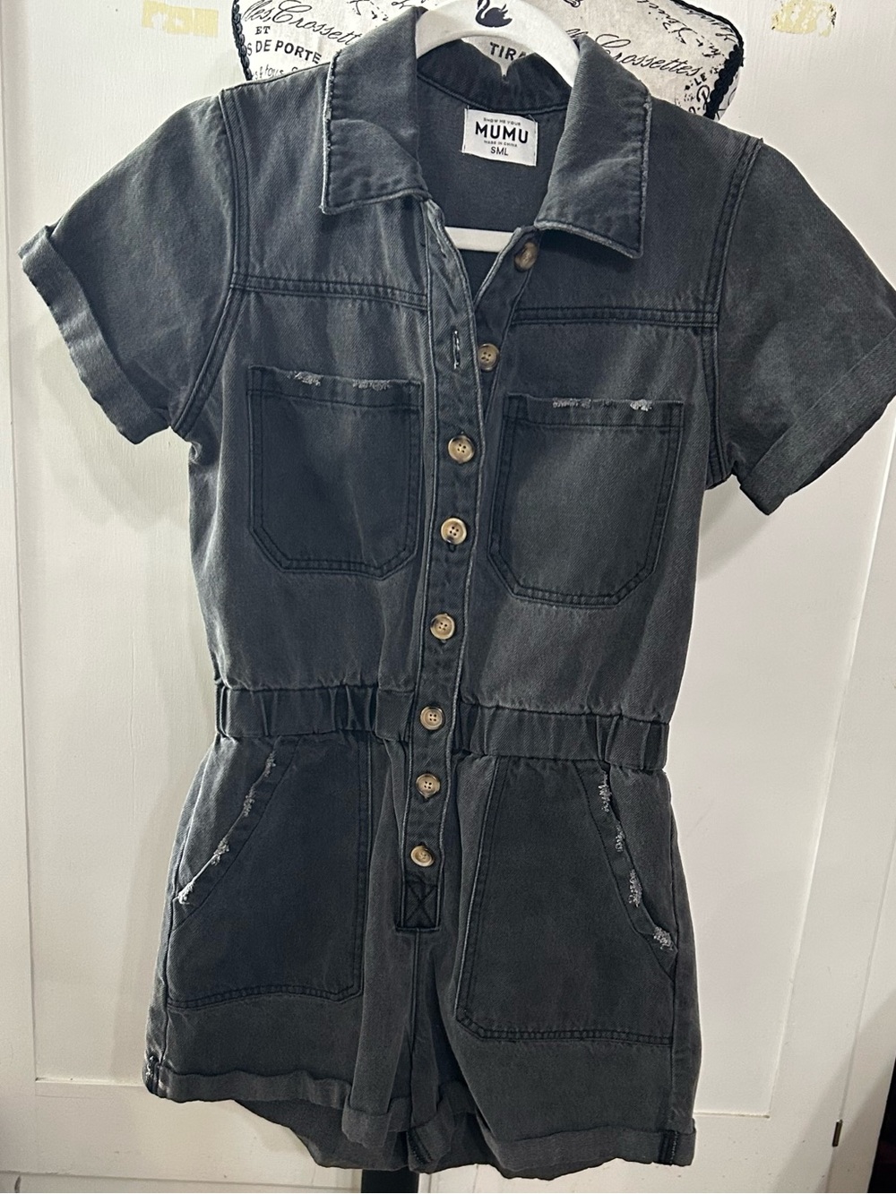 Show Me Your MuMu Washed Black Short Sleeve Denim Romper